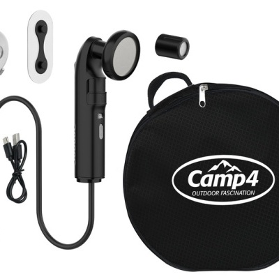 Acessórios pretos para campismo com bolsa redonda preta e logotipo Camp4
