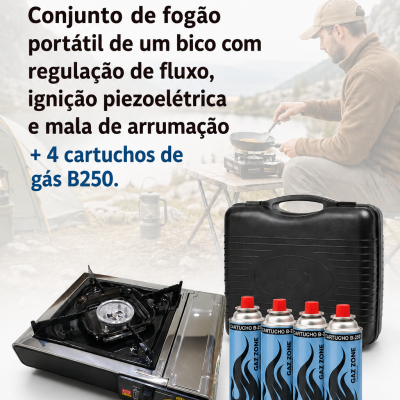 Conjunto de fogão portátil com quatro cartuchos de gás e mala de arrumação