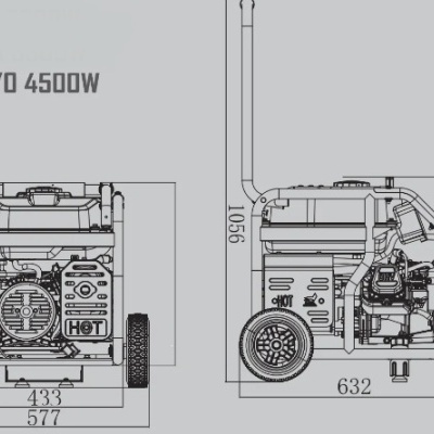 Desenho técnico do gerador MONCAYO 4500W com medidas e rodas pretas