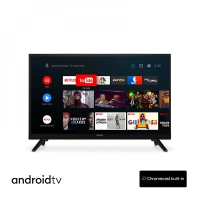 Televisor preto Hitachi com interface Android TV mostrando apps e Chromecast built-in.