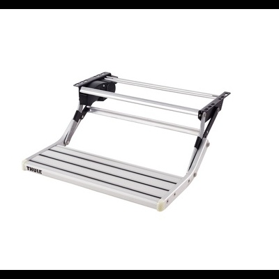 Suporte dobrável para bagageira de automóvel prateado e preto com texto THULE