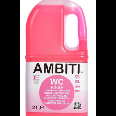 Garrafão plástico rosa translúcido com etiqueta AMBITI WC RINSE