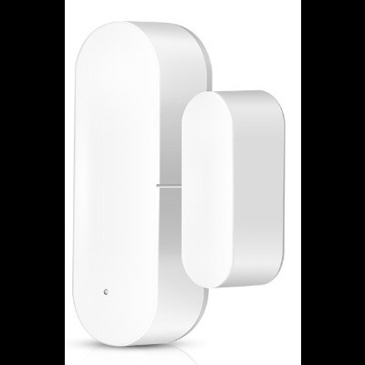 Sensor de porta e janela branco com duas peças arredondadas, parte maior com indicador luminoso