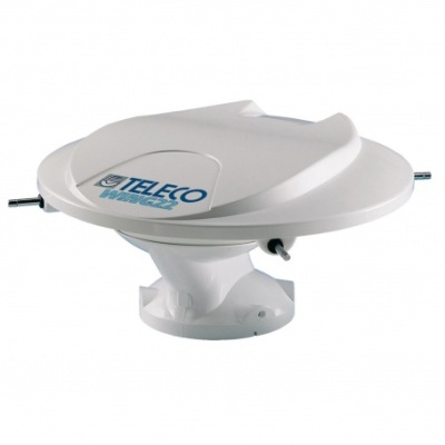 Antena parabólica branca TELECO WING22 sobre fundo branco