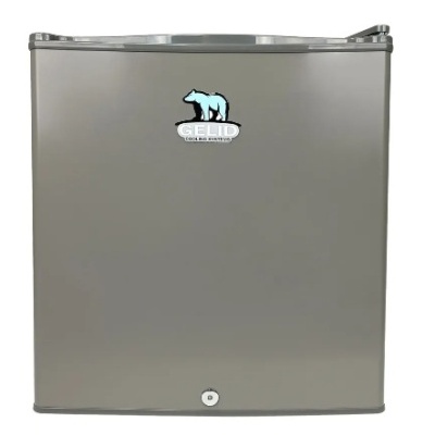 Mini frigorífico cinzento com logótipo GELID e urso
