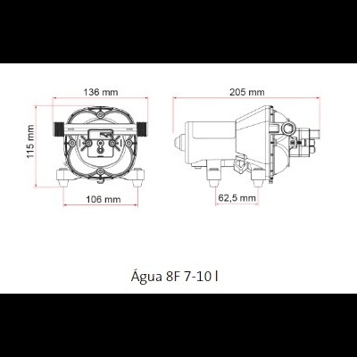 Desenho técnico de peça mecânica com medidas e texto Água 8F 7-10 l