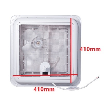 Exaustor branco quadrado para teto com hélice visível e grelha