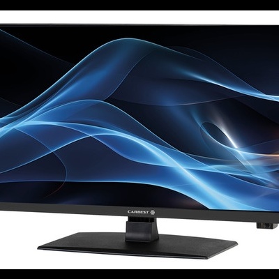 Monitor de computador preto com ecrã largo e gráfico azul