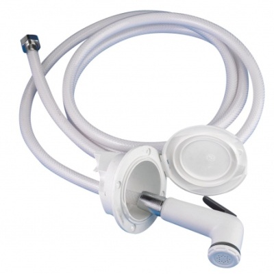Mangueira flexível branca com chuveiro manual e suporte branco