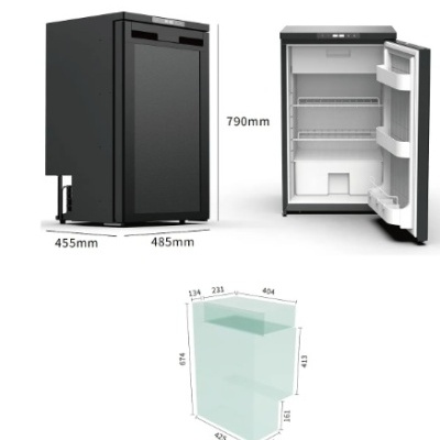 Frigorífico compacto preto com porta opaca e interior branco aberto com medidas.