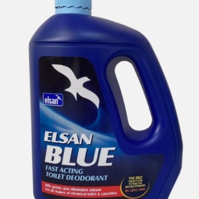 Frasco azul escuro com tampa azul clara, desodorizante 'ELSAN BLUE' para sanitários