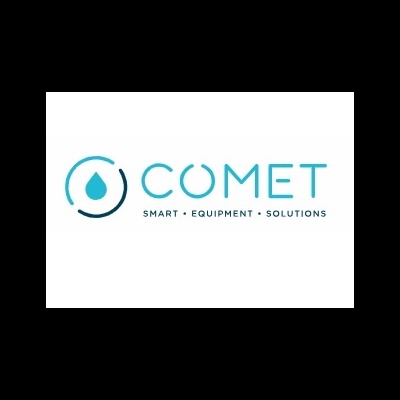 Logótipo da marca COMET com ícone de gota azul e texto SMART EQUIPMENT SOLUTIONS