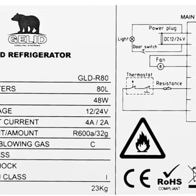 Etiqueta técnica do refrigerador GELID com especificações técnicas e símbolos de conformidade