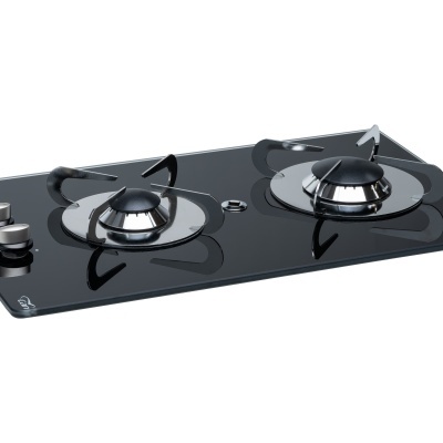 Placa de gás preta com dois queimadores e botões de controlo