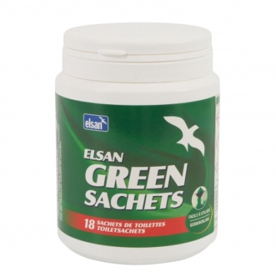 Frasco branco com embalagem verde e texto ELSAN GREEN SACHETS para 18 sachets de toaletes