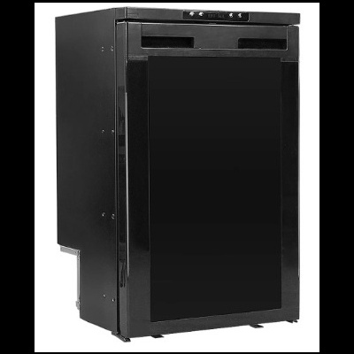 Frigorífico compacto preto com porta lisa e painel de controlo