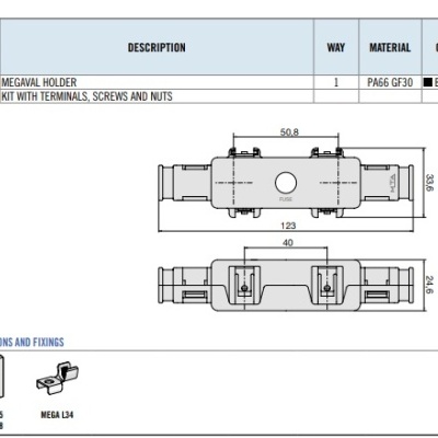 Desenho técnico de suporte MEGAVAL, kit com terminais, parafusos e porcas, preto