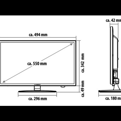 Desenho técnico de monitor com medidas em milímetros