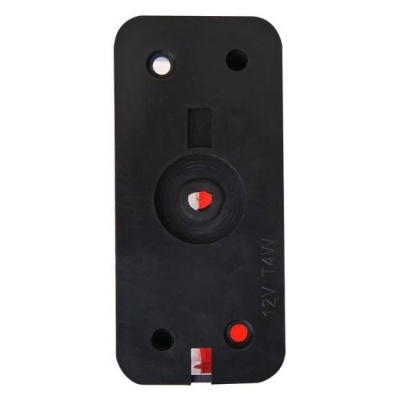 Placa preta de plástico retangular com inscrição 3V 1,2W e detalhes vermelhos