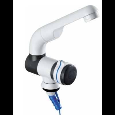 Torneira eletrónica branca com detalhes em preto e azul