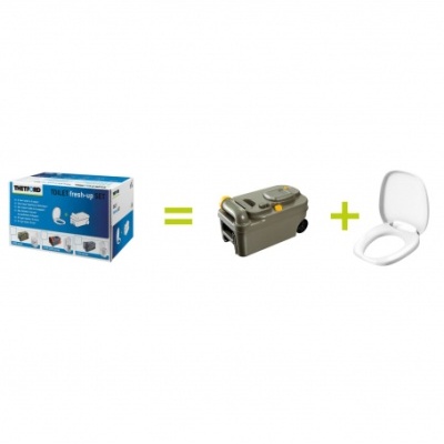 Caixa azul e branca do produto Thetford Toilet fresh-up set, sanitário portátil cinza com detalhes amarelos e tampa de sanita branca