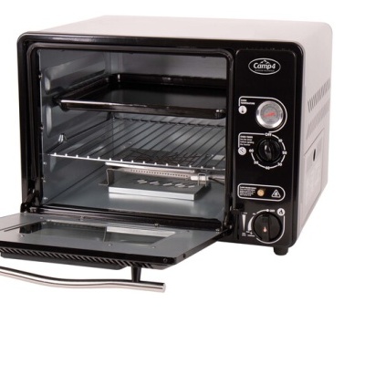 Forno elétrico preto e branco com porta aberta e painel de controlo