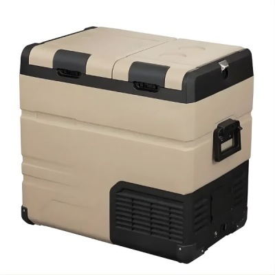 Caixa térmica portátil bege com tampa e detalhes pretos