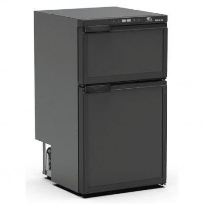 Frigorífico comercial preto de duas portas com painéis digitais