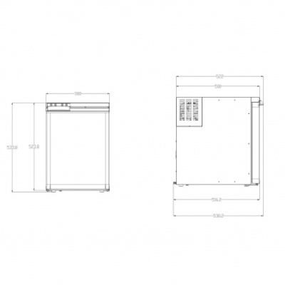 Desenho técnico de um aparelho com dimensões detalhadas.