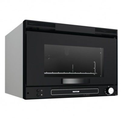 Micro-ondas preto THETFORD com porta de vidro e botões frontais