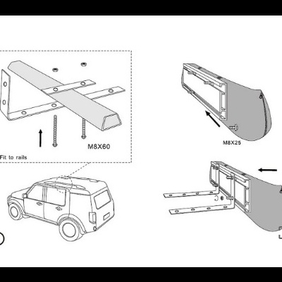 Desenho esquemático de barras de tejadilho a serem montadas num carro utilitário, com indicação de parafusos M8X60 e M8X25.