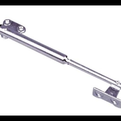 Amortecedor metálico de porta prateado com braço extensível e bases para fixação