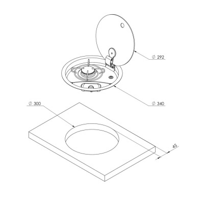 Desenho técnico de fogão portátil redondo com tampa sobre superfície com recorte circular