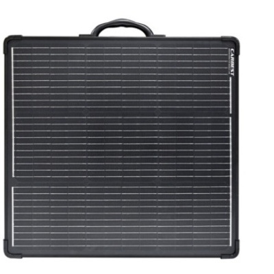 Painel solar quadrado preto com alça e texto SUNSET