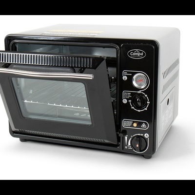 Forno elétrico compacto preto e branco com porta de vidro aberta