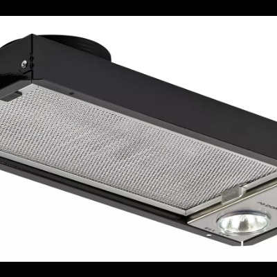 Exaustor de cozinha preto com filtro metálico e lâmpada embutida