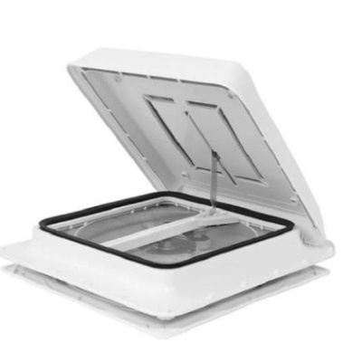 Ventoinha de exaustão de teto branca com aba aberta e vedação preta