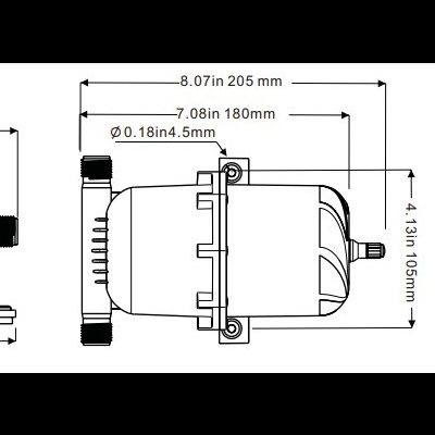 Diagrama técnico de uma bomba com medidas em polegadas e milímetros