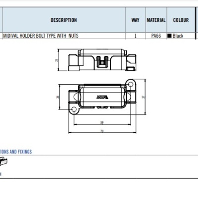 Desenho técnico de suporte de parafuso MIDIVAL preto com porcas e dimensões claramente indicadas.