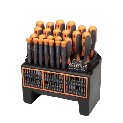Conjunto de ferramentas com cabos laranja e cinza em suporte preto