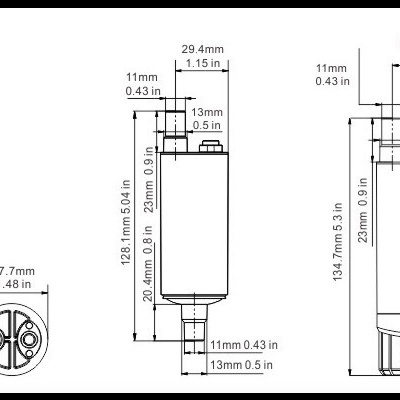 Desenho técnico de bateria retangular com dimensões em milímetros e polegadas