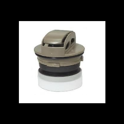 Objeto pequeno circular bege e preto com base branca em fundo branco