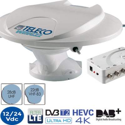Antena de televisão Teleco Wave 22 branca com amplificador e conexões coaxiais