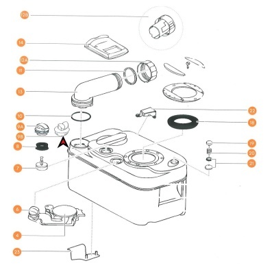 Diagrama técnico de peças numeradas de um aparelho com corpo retangular e tubo curvado