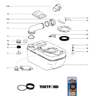 Diagrama de componente de reservatório com peças numeradas e embalagem com logótipo THEFORD