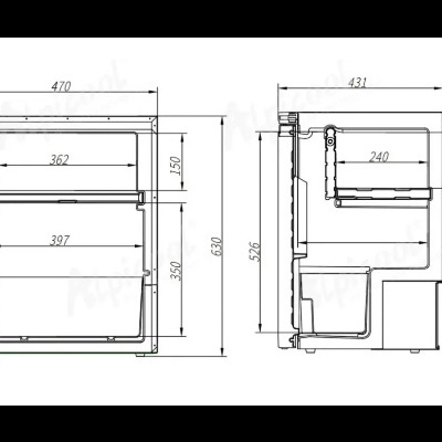 Desenho técnico de frigorífico compacto com medidas e detalhes internos