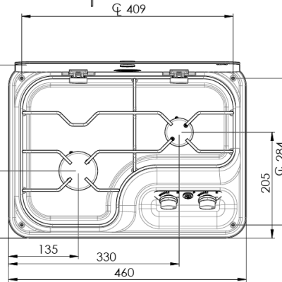 Desenho técnico a preto e branco de fogão portátil com duas bacias e medidas