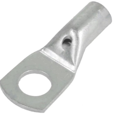 Terminal elétrico de metal prateado com furo circular