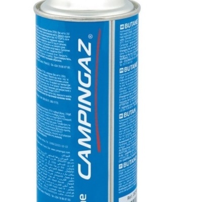 Lata azul de gás butano para camping com tampa vermelha