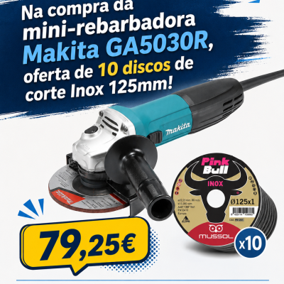 Mini-rebarbadora Makita GA5030R azul e preta com discos Pink Bull inox 125mm e texto promocional camperstore.pt
